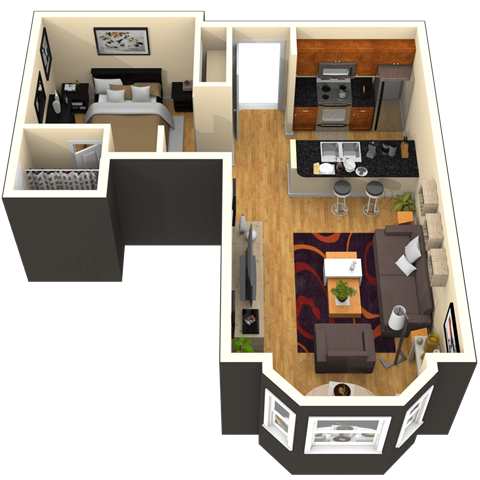 Floor plan for 1 bed, 1 bath, 486 sqft